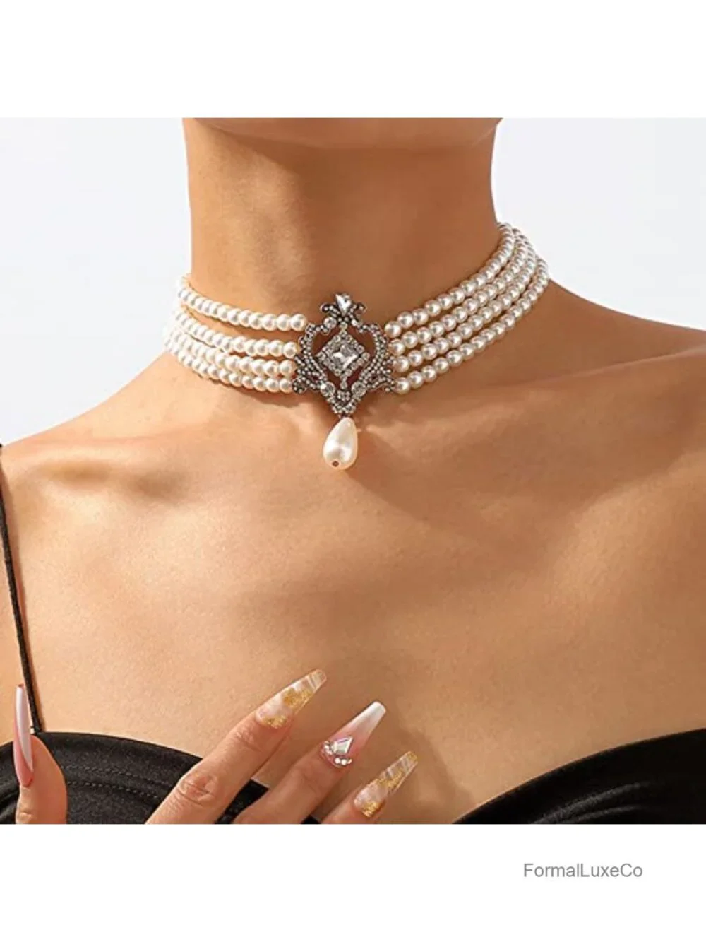 Vintage 1920s Bridal Choker Necklace Layered Tassels Rhinestone Pearl
